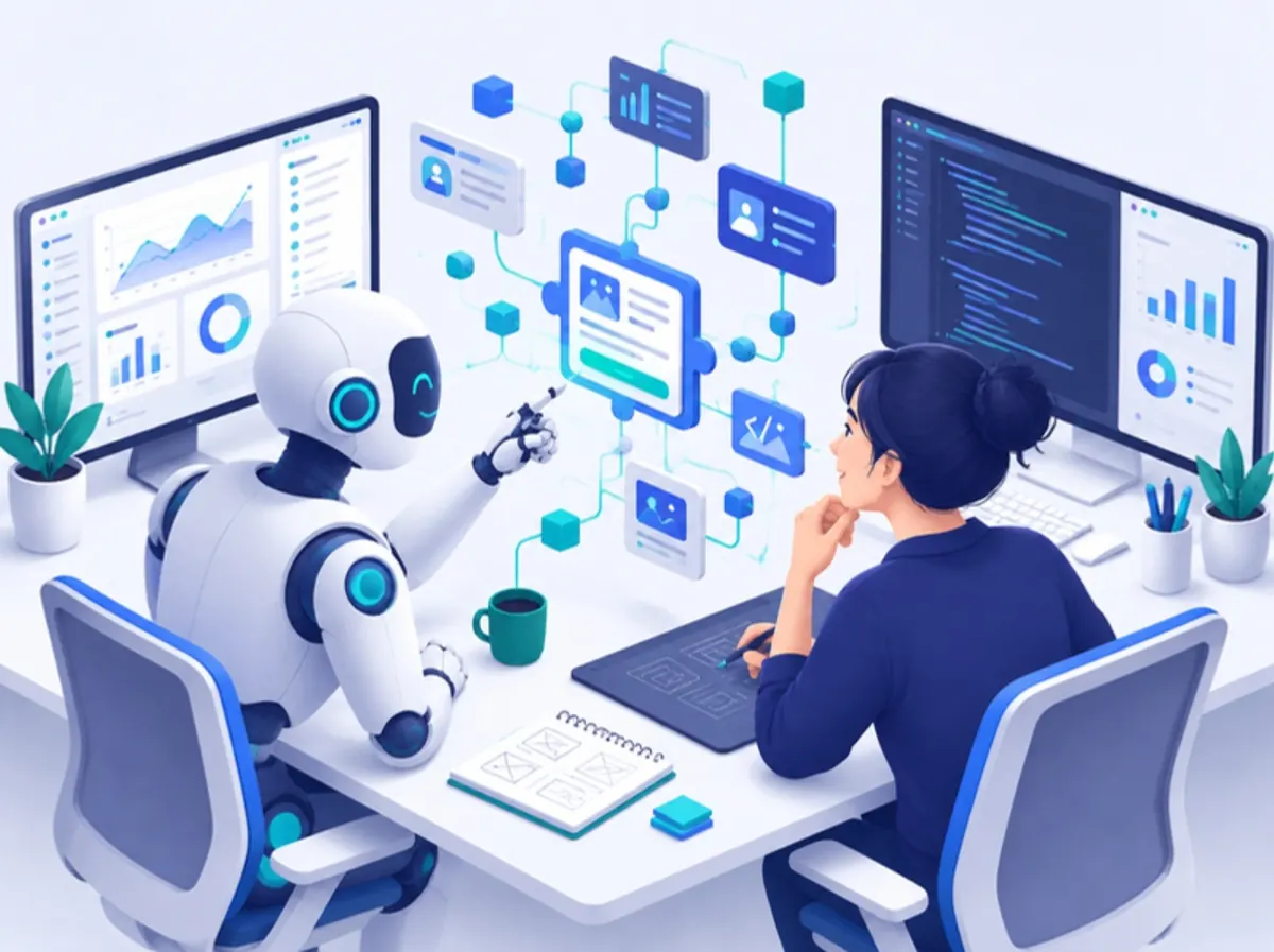 Illustration: a designer and a robot solving a digital puzzle together