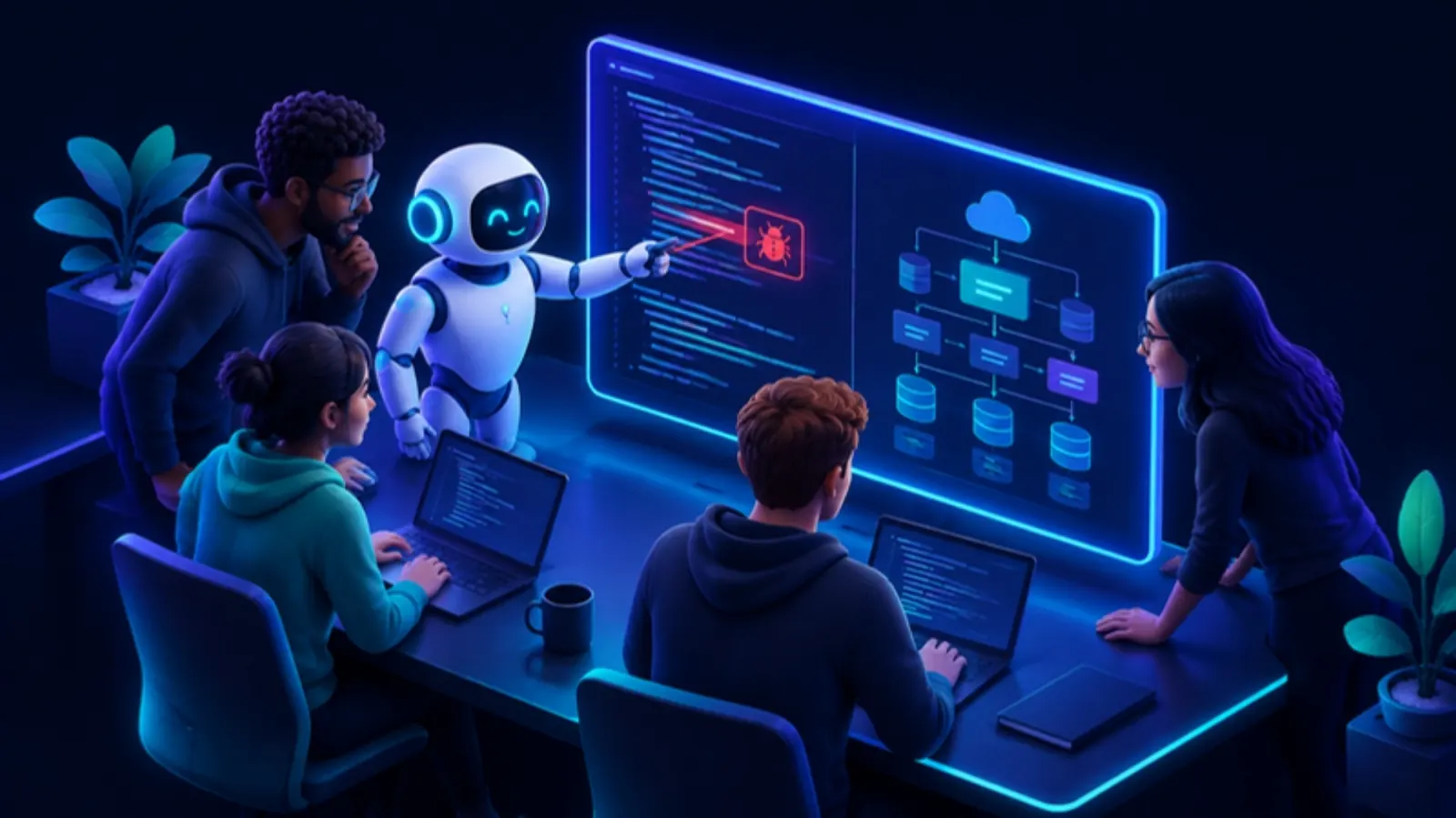 Illustration: a software team and a robot assistant fixing a bug together