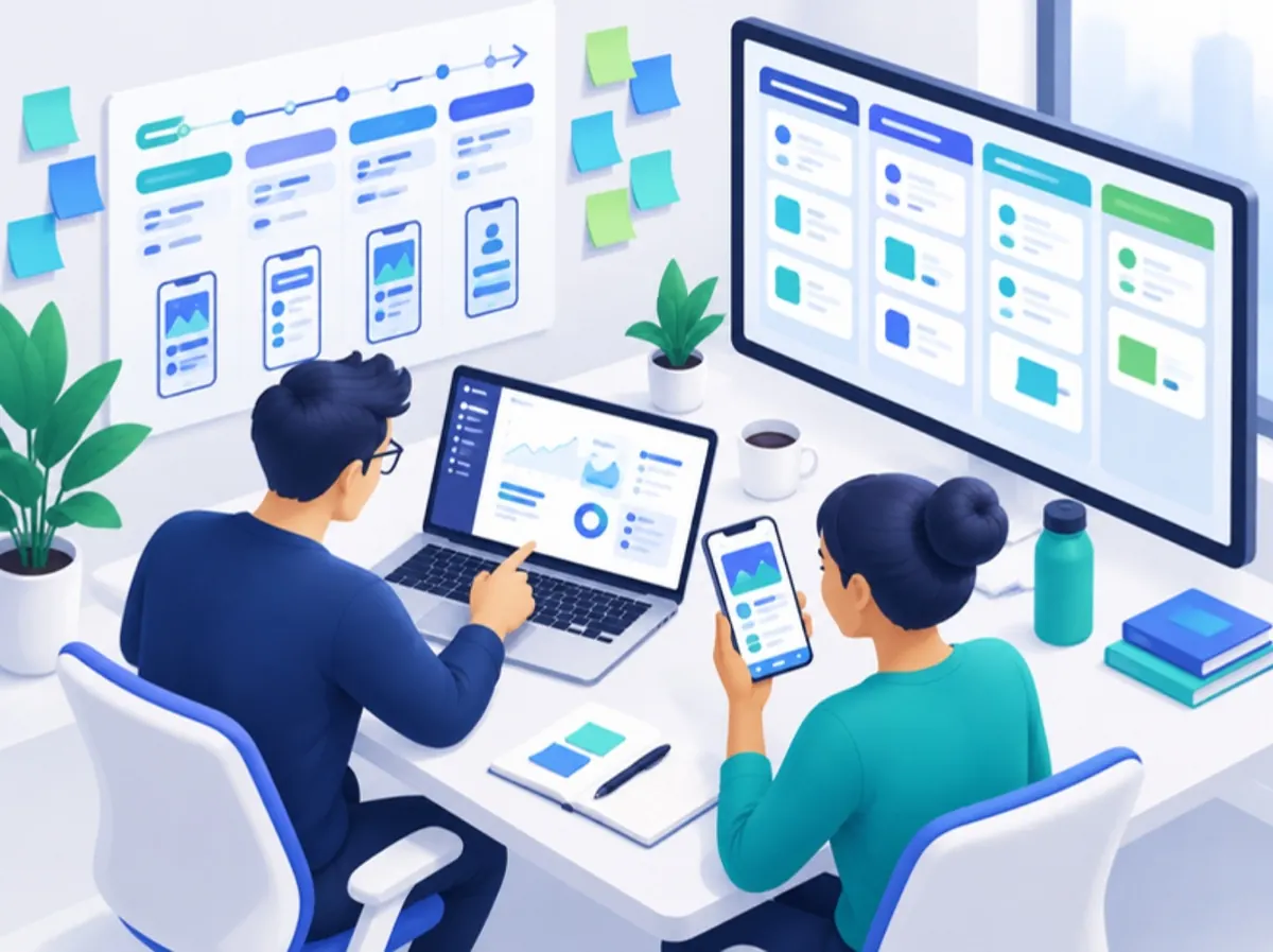 Illustration: two people reviewing a web dashboard and a mobile app